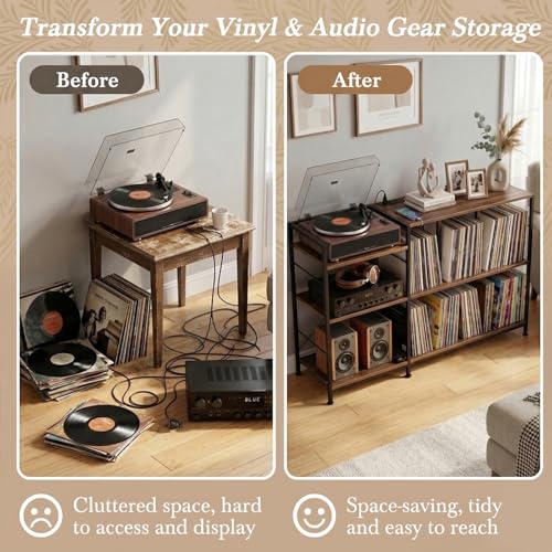 Faesun Record Player Stand with Vinyl Record Storage, Turntable Stand with Power Outlet, Large Record Storage Shelf Holds 500 Albums, Industrial Audio Rack for Living Room Bedroom, Walnut Faesun