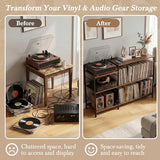 Faesun Record Player Stand with Vinyl Record Storage, Turntable Stand with Power Outlet, Large Record Storage Shelf Holds 500 Albums, Industrial Audio Rack for Living Room Bedroom, Walnut Faesun