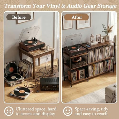 Faesun Record Player Stand with Vinyl Record Storage, Turntable Stand with Power Outlet, Large Record Storage Shelf Holds 500 Albums, Industrial Audio Rack for Living Room Bedroom, Walnut Faesun