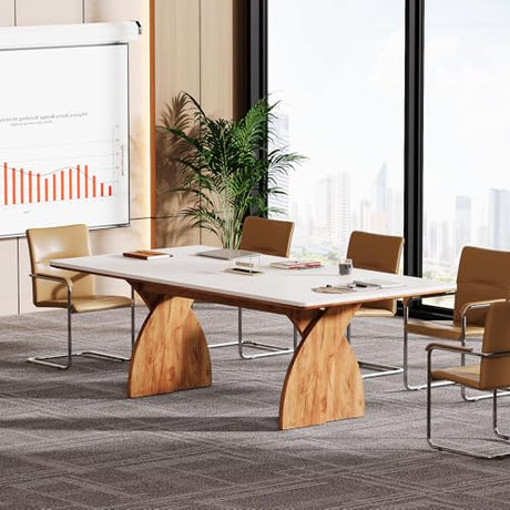 Tribesigns 70.87-Inch Conference Table for 6-8 People, 6 ft Meeting Table with Crossed Legs, Industrial Business Training Desk for Office Conference, Meeting Room (White & Brown) Tribesigns