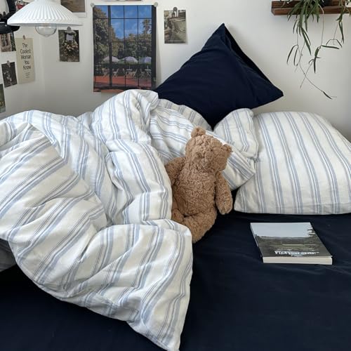 VM VOUGEMARKET Striped Comforter Set Twin XL Ticking Vertical Stripes Bedding Set Minimalist Neutral Comforter for College Dorm,Demin Blue&White VM VOUGEMARKET