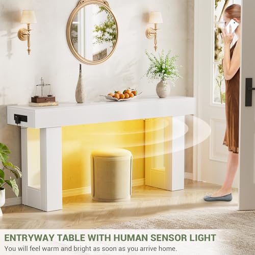 Unikito 63'' Farmhouse Console Table with Power Outlets and Sensor Light, Wooden Entryway Table with Storage, Rectangular Sofa Tables Behind The Couch for Entrance, Hallway, Living Room, Antique White Unikito