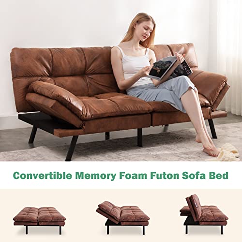 Vyfipt Futon Sofa Bed/Couch, Memory Foam Small Splitback Sofa for Living Room,Modern Loveseat with Covertible Armrests,Faux Leather/Cushion Thicker Version(Brown) Vyfipt
