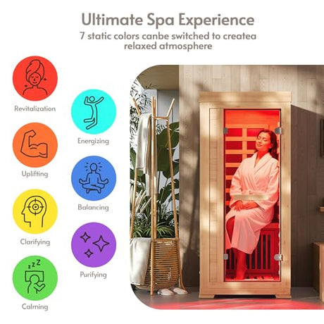 ENSTVER Infrared Wood Sauna 5.4Ft 1 Person, Luxury Full Spectrum Far Infrared Sauna Features Low EMF 1240w 7-Light Dynamic & Music Speakers, Canadian Hemlock Dry Indoor Saunas for Home & Gym ENSTVER