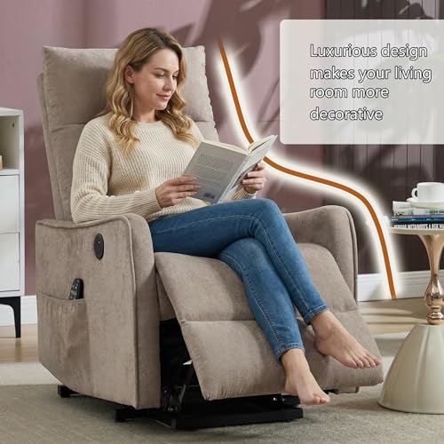 EZZUP Power Lift Recliner Chair with Vibration Massage and Heat for Petite Elderly, Small Lift Chair with Side Pocket Remote Control, Infinite Position, Polyester Fabric Khaqi