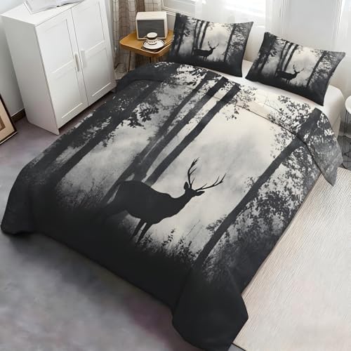 YFIOYI Deer Comforter Set, Minimalist Bedding Set, Calm Decorative 3 Piece Bedding Set with 3 Pillow Shams, with Zipper（King Single） YFIOYI