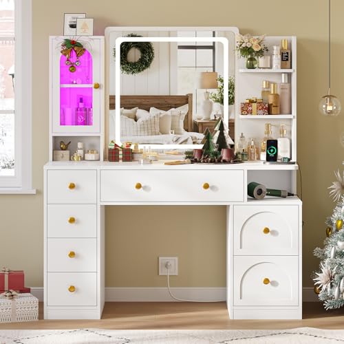 Hasuit White Vanity Desk with Mirror and LED Lights, Large Makeup Vanity Desk with 7 Drawers, Storage Shelves and RGB Glass Cabinet, Dressing Table for Bedroom with Charging Station, Lights Adjustable Hasuit