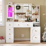 Hasuit White Vanity Desk with Mirror and LED Lights, Large Makeup Vanity Desk with 7 Drawers, Storage Shelves and RGB Glass Cabinet, Dressing Table for Bedroom with Charging Station, Lights Adjustable Hasuit