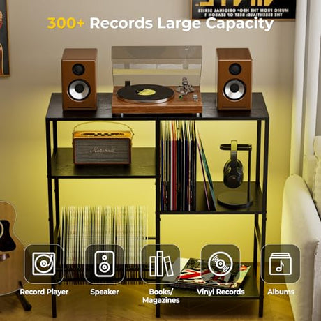 Record Player Stand with LED Light, Turntable Stand with Vinyl Storage - Up to 300+ Albums, 3-Tier Record Player Table Cabinet, Adjustable Shelf & V-Shaped Holder, Vinyl Display Shelf for Living Room Nidouillet