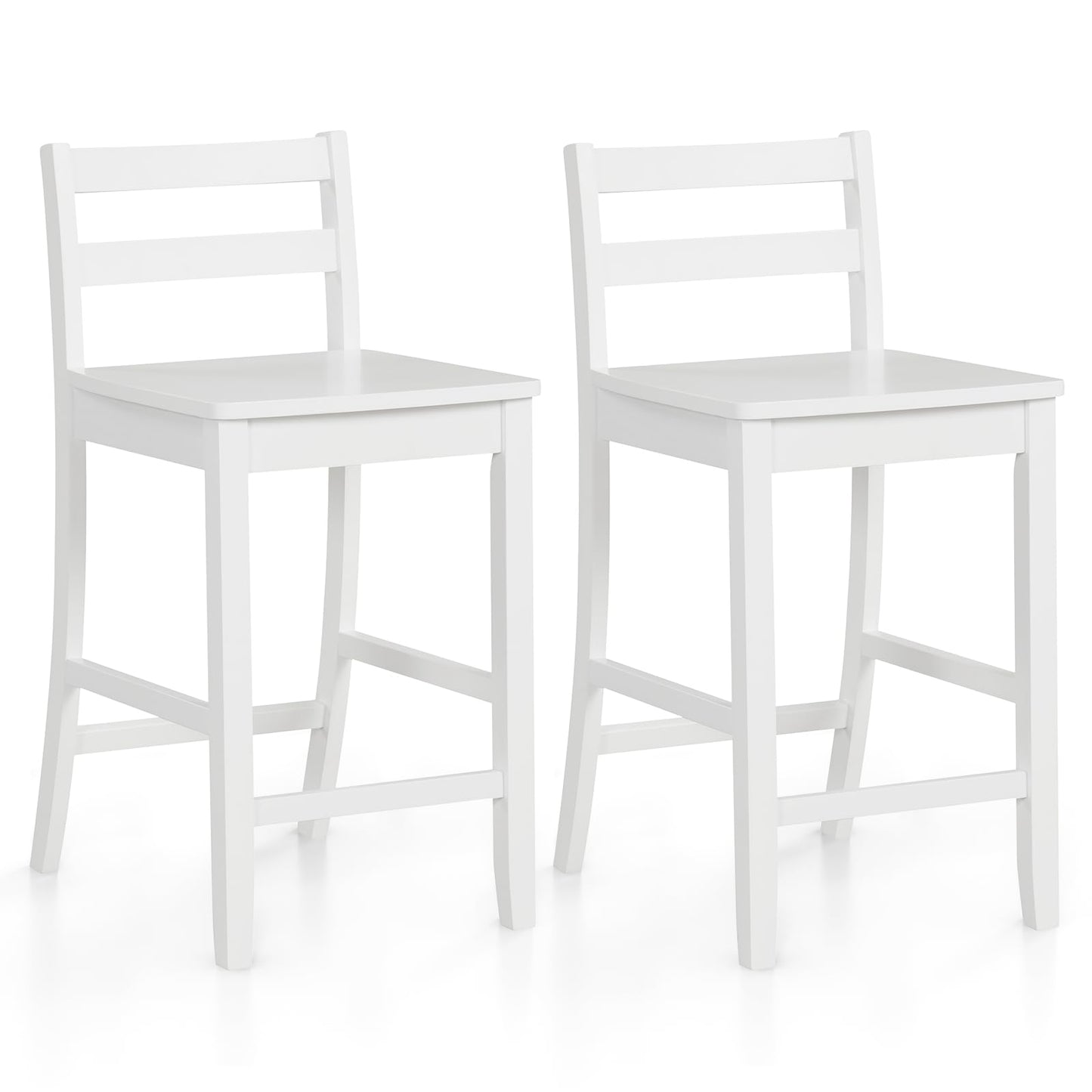 COSTWAY Wooden Bar Stools Set of 2, 24-Inch Counter Height Stools with Ergonomic Backrest & Footrest, Farmhouse High Dining Chairs for Kitchen Island, Pub, Cafe (2, White)