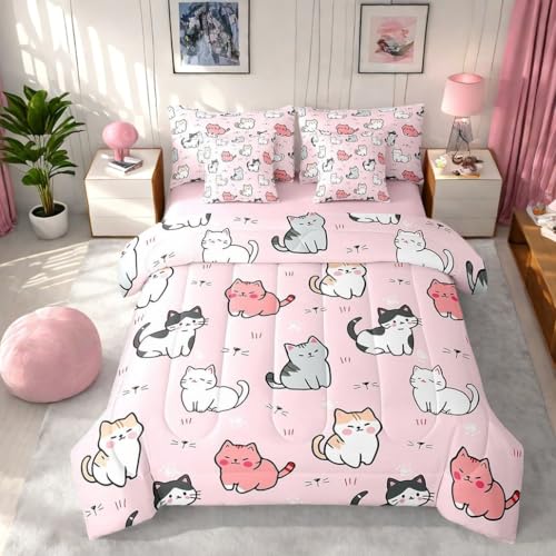 7-Piece Cute Cat Bedding King Size Cartoon Animal Bed in a Bag, Kawaii Kitten Comforter Set for Kids Boys Girls Pet Themed Comforter, Fitted Sheet, Top Sheet, Pillowcases and Throw Pillow Covers, Pink Erosebridal
