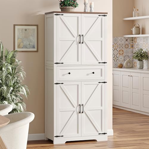 71" Tall Kitchen Pantry Storage Cabinet with Barn Doors and Shelves, White Farmhouse Linen Storage Cabinet With Drawers, Free standing Food Pantry Cabinets for Kitchen, Dining Room, Living Room Befrases