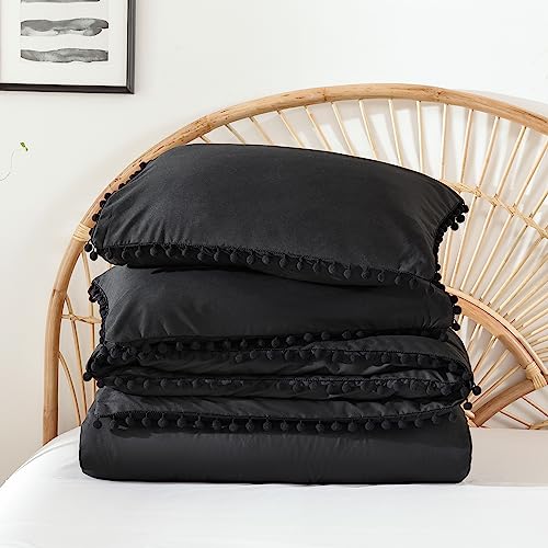 YIRDDEO Full Size Comforter Sets - Full Size Comforter with Ball Pom Fringe, Soft Bedding Set for All Seasons - 3 Pieces, 1 Comforter (79"x90") & 2 Pillow Shams(20"x26"), Black YIRDDEO