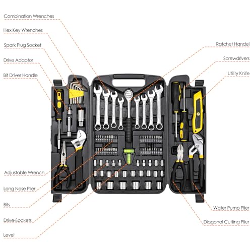 TLGREEN 95 Piece Tool Set, Tool Kit, Mechanics Tool Set, Portable Toolbox with Adjustable Wrench Pliers Socket Bits, with Plastic Toolbox Storage Case, for House Apartment Garage (Yellow) TLGREEN