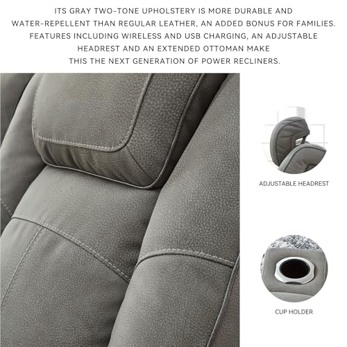 Signature Design by Ashley Next-Gen DuraPella Modern Faux Leather Power Recliner with Adjustable Headrest, Gray Signature Design by Ashley