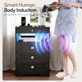 MDGC Smart Nightstand with Lockable Gun Drawer,Farmhouse Bedside Table with Charging Station and 3 LED Lights, Modern Night Stand with 3 Drawers,Glass Top End Side Table for Bedroom（Black） MDGC