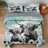 Pamnest Quilt Set King Size, Highland Cow Animal 3 Pcs Soft Bed Cover Bedding Set for Kids and Adults, Farm Daisy Lightweight Bedspread Coverlet with Pillow Sham for All Season Pamnest