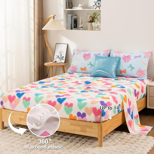 A Nice Night Full Size Bed in A Bag Bow Comforter Set for Kids,Quilt Bedding Set with Bowknot & Chic Polka Dot Pattern,Blue Background Room Decor for Girls A Nice Night