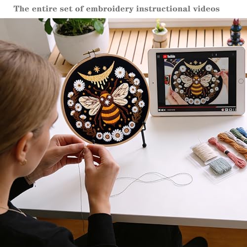 Hand Embroidery Starter Kits for Beginners Adults, Counted Stamped Cross Stitch Kit for Beginners Adults, Embroidery Needlepoint Kit with Moth Flower Pattern, 3 Hoops (Attached Teaching Video QR Code)