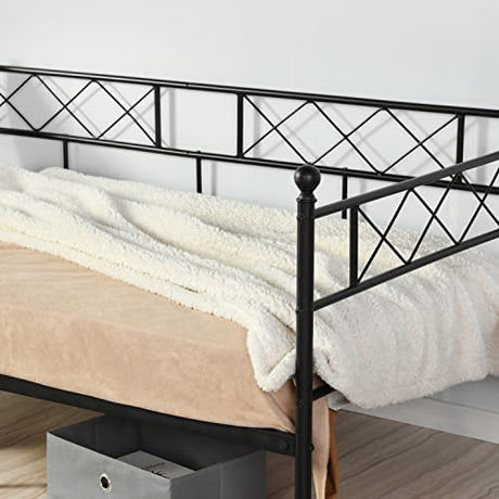 Liink1Ga Twin Size Daybed Frame, Day Bed Black Metal Daybed Frame with Headboard, Mattress Platform Base Box Spring Replacement Sofa Bed for Living Room Guest Room/Style X/Black Liink1Ga