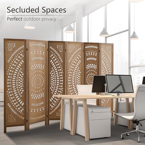 Asnefeli Wood Room Divider Wall and Folding Privacy Screen, 5.6 FT Tall Room Divider 6 Panel, Foldable Divider Panel, Environmentally Friendly Carved Privacy Divider for Home Bedroom Office (Brown) Asnefeli