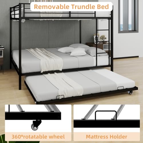 Harper & Bright Designs Heavy Duty Metal Bunk Bed Queen Over Queen with Trundle for 3 Persons, Industrial Bunk Beds Frame with Sturdy Support, Saving Space, Black Harper & Bright Designs