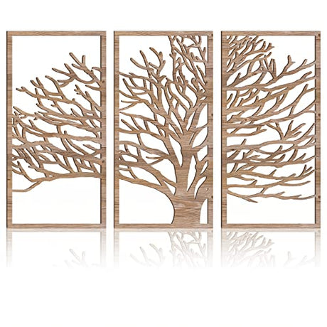BINCUE 3 Panel Rustic Wood Wall Art Tree of Life Boho Decor with 3D Hollow Craft Art for Kitchen & Bathroom & Living Room BINCUE