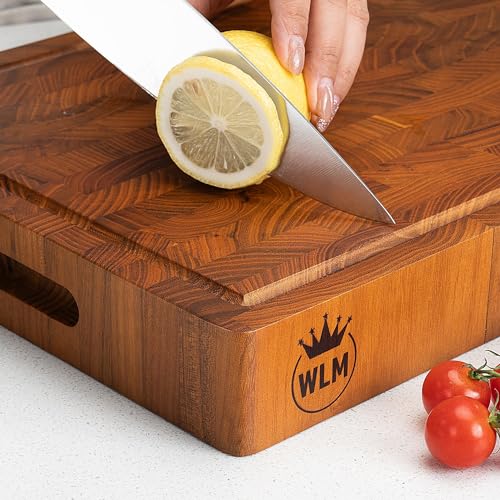 Large End Grain Teak Wood Cutting Board for Kitchen [2" Thick] with Juice Groove Conditioned with Beeswax, Linseed Oil & Lemon Oil. 17" x 11" - WoodArtSupply