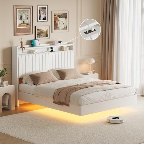 GarveeHome Queen Floating Bed Frame with RGB LED Lights & Charging Station, Upholstered Platform Bed Frame wth Storage Headboard, 50" Tall Headboard Bed Frame Queen Size No Box Spring Needed, White GarveeHome