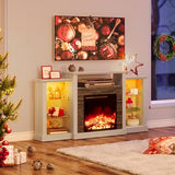 Rolanstar Fireplace TV Stand with LED Lights and Power Outlets, TV Console for 32" 43" 50" 55" 65", Entertainment Center with Adjustable Glass Shelves, Ivory White Rolanstar