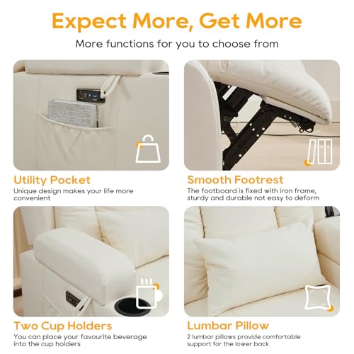 IPKIG Power Loveseat Recliner Sofa, Wall Hugger Reclining Chair with LED Lights, Side Pockets, Cup Holders, Massage & Heating, RV Recliners Couch Dual Sofa Reclinable, White