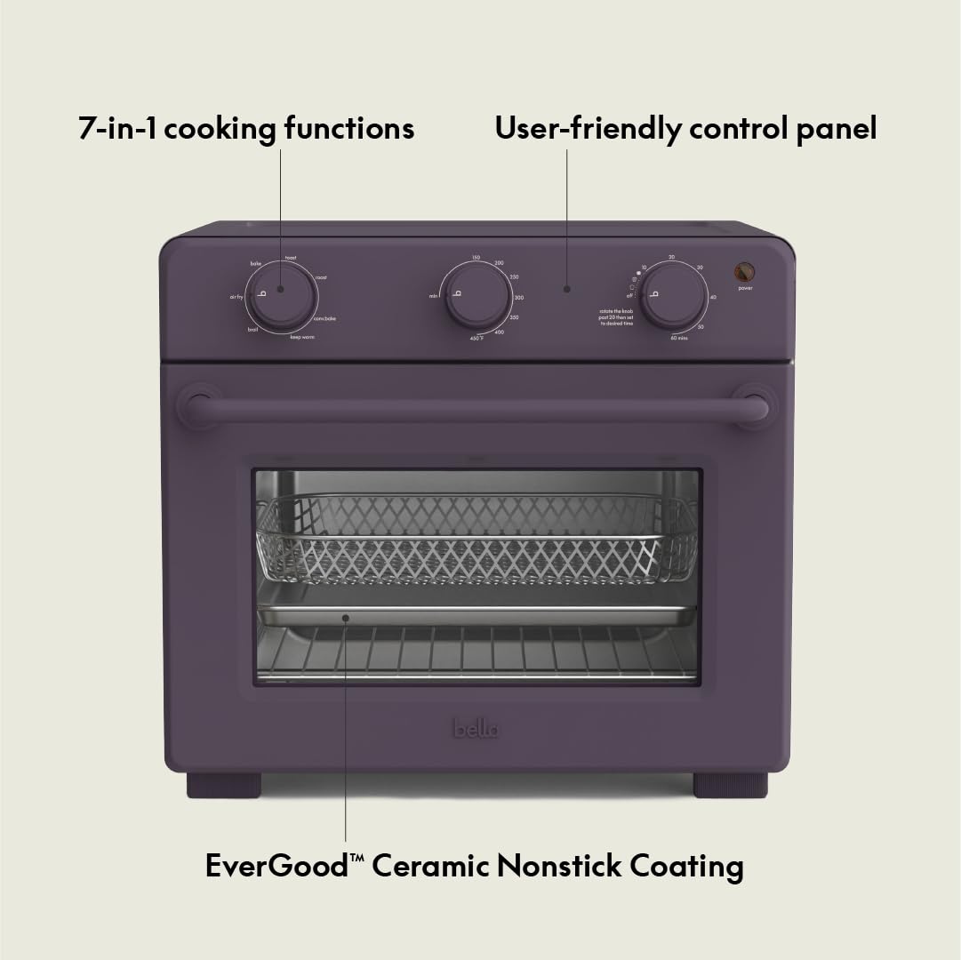 bella Air Fry Toaster Oven, 7 Preset Cooking Options, Dishwasher-Safe EverGood Coated Trays Included, 60-Minute Auto Shutoff w Audible Timer, Power Indicator Light, 1700 Watt, Plum BELLA