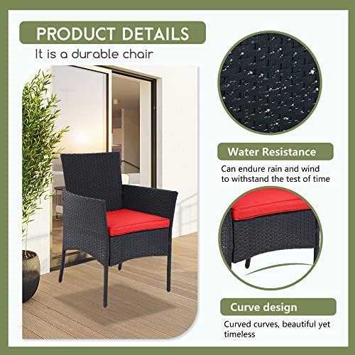 Ruesleag Patio Furniture 3 Pieces Outdoor Wicker Patio Furniture Conversation Set Patio Set Bistro Table Set for Backyard Porch Poolside Garden Balcony Lawn,Glass Coffee Table &RattanChairs Set,Red Ruesleag