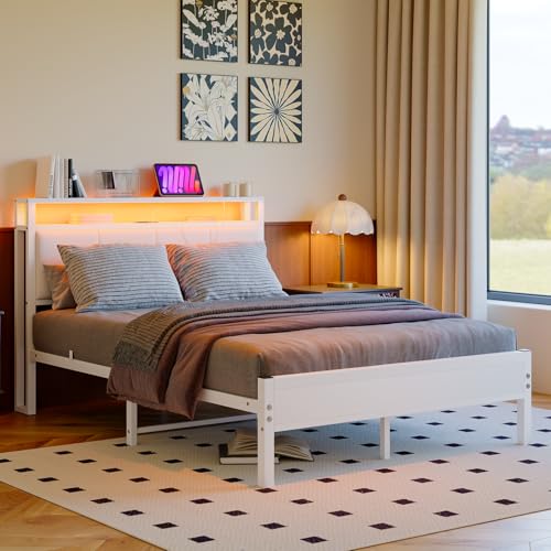 VECOCHO Full Size Bed Frame with LED Lights,Upholstered Headboard with Storage Shelves&Charging Station, Heavy Duty LED Bed Frame Full Mattress Foundation No Box Spring Needed, Noise Free,White VECOCHO