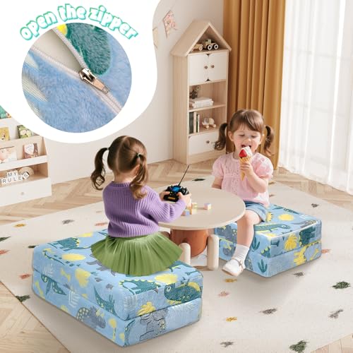 MeMoreCool Foldable Floor Mattress for Kids, Glow Dinosaur Trifold Mat, Kids Folding Mattress Portable Futon, Blue MeMoreCool