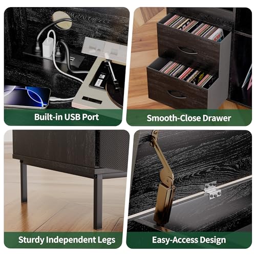 HarmoFurn Record Player Stand with Flip-Top, Wood Vinyl Storage Cabinet with 2-Outlet Power Strip, Drawers & Dustproof Cubbies, Media Console, Black, 35.4x15x27.6 Inches HarmoFurn