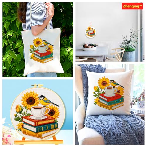 Zhenqing Sunflower Bird & Books Cross Stitch Kit with 11CT Printed Fabric 24x24cm - Includes Hoop, Pre-Sorted Threads, Needles, Instructions