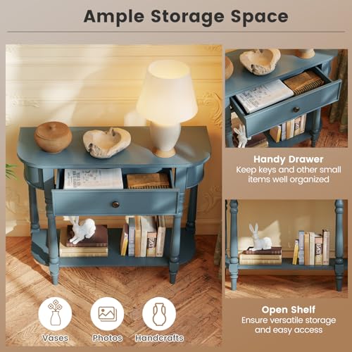 Giantex 2-Tier Console Table, 36" Retro Entryway Table with Storage Drawer & Elegant Legs, Narrow Wooden Sofa Table with Open Shelf for Living Room, Foyer, Hallway, Bedroom, Entrance (Blue) Giantex