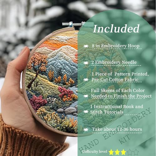 FONNUY Embroidery Kit for Beginners, Boho Nature Landscape Pre-Stamped Pattern Kits for Adults with Hoop, Easy to Follow Color Thread Needlework, 8'' Hoop (Mountain Stream)