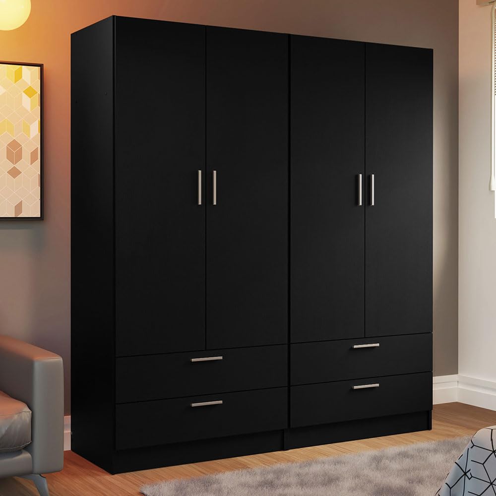 Madesa 4 Doors 4 Drawers Storage Cabinet Wardrobe with Shelves and Hanging Space 63" L Wooden Armoire Closet Organization Unit for Bedroom and Office (Black) Madesa