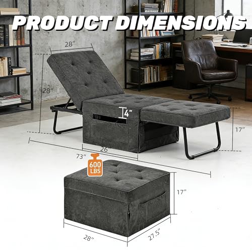 PORWEY Sleeper Chair Sofa Bed, 4-in-1 Convertible Futon Chair Multi-Function Couch Folding Ottoman with Adjustable Backrest for Living Room Apartment Office, No Assembly Required, 29” Width,Dark Gray PORWEY