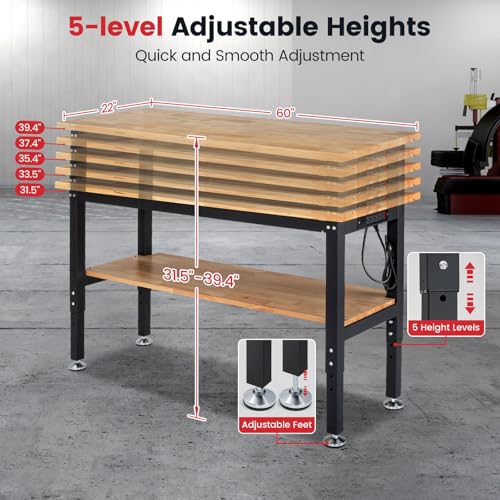 ENJOYWOOD Work Table for Garage 60 x 22 Inch Adjustable Height Workbench Heavy Duty Rubberwood Tabletop Work Bench with Power Outlets Pegboard Pad for Woodworking Shop, Home, Office ENJOYWOOD