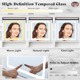 AMERLIFE 47.2" W Farmhouse Makeup Vanity Desk with Sliding Mirror, Vanity Set with Stool & Charging Station & 3 Brightness Lights, Glass Desktop, Ample Storage, Antique White AMERLIFE