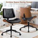 Ergonomic Armless Office Desk Chair - Mid-Century Modern Black Faux Leather with Diamond Stitch, Adjustable Height Swivel Rolling Task Computer Chair with Walnut Accent for Home Office, Study & Work fidom