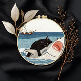 Black Cat Riding a Shark and a Sailboat Stamped Pattern Embroidery Kit for Beginners Adults Includes Cloth,Hoop,Color Threads,Needles and Instruction,Lover Hand Stitch with Embroidery Skill Techniques