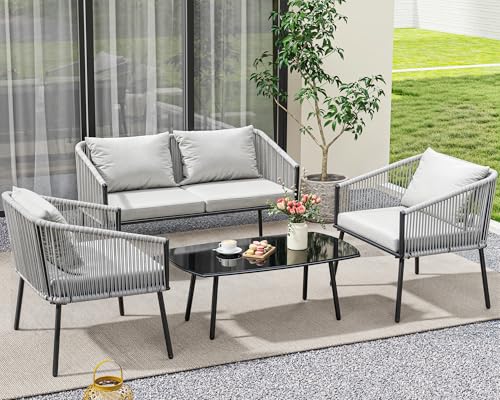 YITAHOME 4-Piece Patio Furniture Wicker Outdoor Bistro Set, All Weather Rattan Loveseat Gray Rope Conversation Sets with Soft Cushions and Side Table for Backyard, Balcony and Deck, Gray - WoodArtSupply