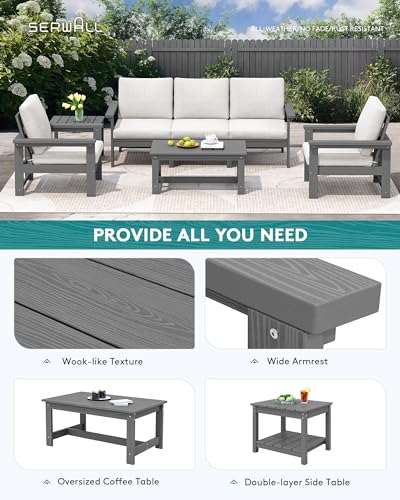 SERWALL HDPE Patio Conversation Set, 7-Piece Sectional Outdoor Patio Furniture Set, All Weather Patio Couch Set Patio Sofa Set for Deck, Lawn, Grey Frame with Khaki Cushion SERWALL