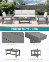 SERWALL HDPE Patio Conversation Set, 7-Piece Sectional Outdoor Patio Furniture Set, All Weather Patio Couch Set Patio Sofa Set for Deck, Lawn, Grey Frame with Khaki Cushion SERWALL