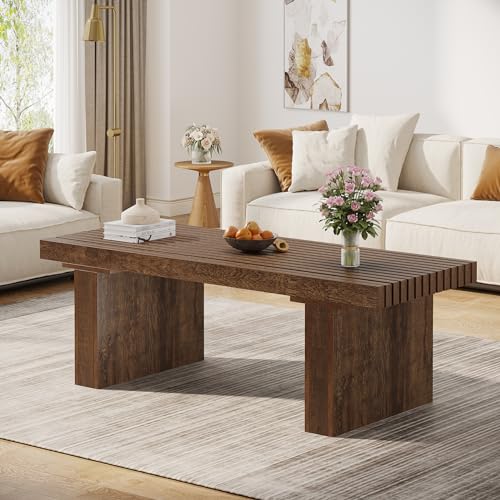 Tribesigns Rectangle Coffee Table: 47.24-Inch Wood Modern Coffee Table Cocktail Table for Living Room, Farmhouse Coffee Table Center Table Tea Table with Slat Tabletop, Rustic Brown Tribesigns