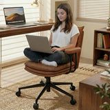 Sucrever Brown Office Chair with Triple-Layers Thicken Wide Seat, Mid Back Leather Desk Chair with Wheels and Arms, Mid-Century Modern Computer Chair for Home Office Sucrever